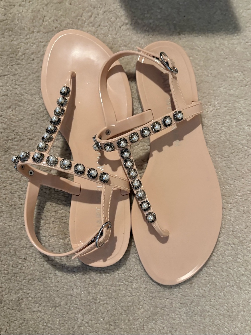 Stuart Weitzman Blush Crystal T-Strap Sandals